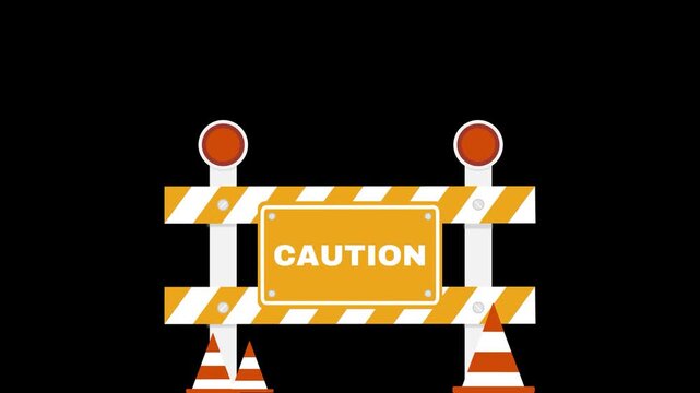 Loop animation caution under construction with cone and blockade signs on black background 4K resolution