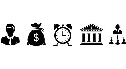 Business and Finance Icons: Management, Money, Time, and Banking Symbols