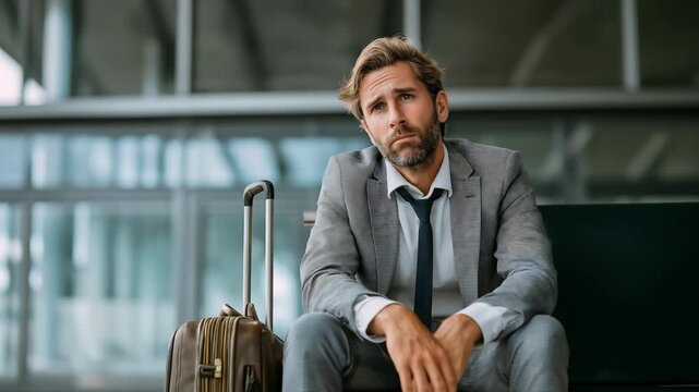 Despaired businessman passenger sitting with feeling sad at the airport, He was late for her flight on a business trip. Flight delay, Cancellation concept	