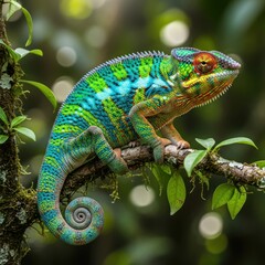 Obraz premium Vibrant Panther Chameleon Perched on a Branch in Lush Green Forest.