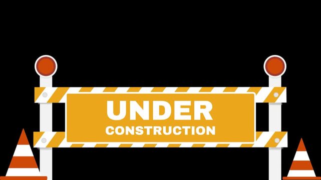 Signboard under construction text with cone and barrier blockade animation on black background
