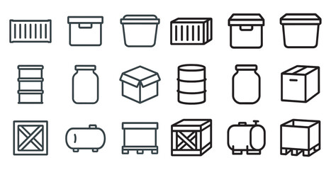 Packaging and storage outline icons set – containers, crates, organization symbols.