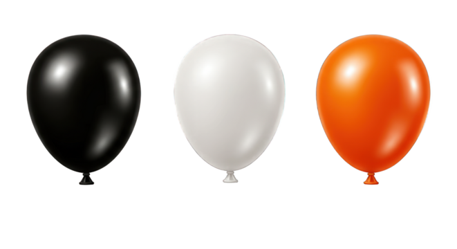 Three balloons black white and orange isolated on a transparent background.