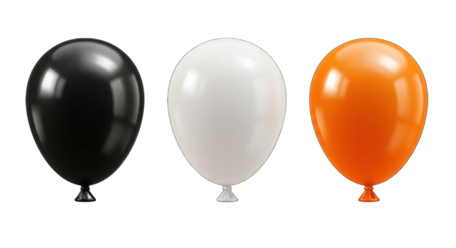 Three balloons black white and orange isolated on a transparent background.