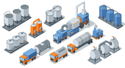 Obraz premium Isometric industrial equipment and vehicles collection for manufacturing and logistics design