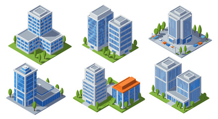 Modern urban building set with isometric design for architectural projects