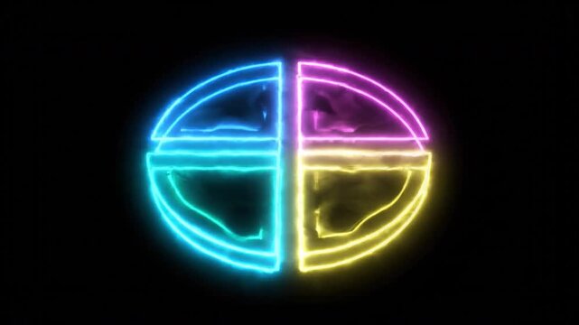 Vibrant neon logo design showcases circular shape divided into four sections, featuring bright blue, pink, and yellow colors against dark background, creating modern and glowing abstract illumination