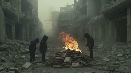 Three hooded figures burning books in a war-torn city.Three hooded figures burning books in a war-torn city symbolize censorship, cultural destruction, and social conflict.