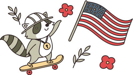 Cute SVG of a Funny Raccoon in Honoring Heroes colors, featuring riding a skateboard in a Veterans Day setting