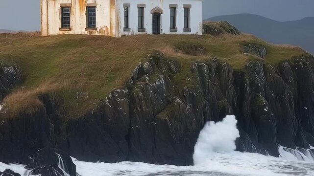 A weathered white building on a rugged cliffside above a churning, foamy sea