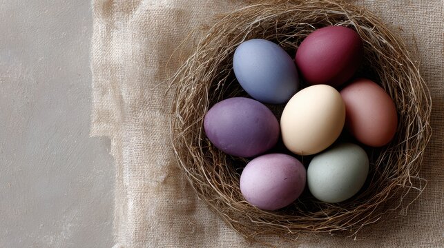 A beautiful flat lay of colorful, artistically painted Easter eggs in a nest.