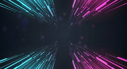 Neon light trails and geometric shapes on a dark bokeh filled background