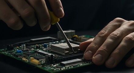 Computer Repair Close-up: Precision Screwdriver and Motherboard