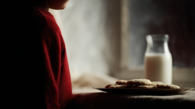 A child leaving out cookies and milk for Santa Claus on Christmas Eve.