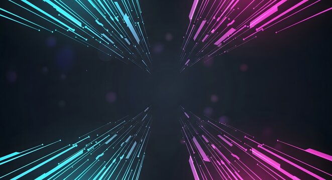 Neon light trails and geometric shapes on a dark bokeh filled background