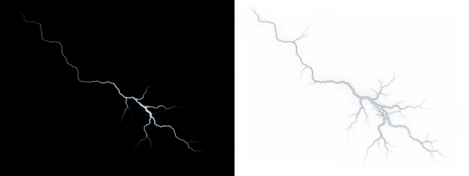 Lightning bolt overlay illustration on contrasting backgrounds, showcasing dynamic energy and natural power, ideal for creative projects and visual storytelling with copy space