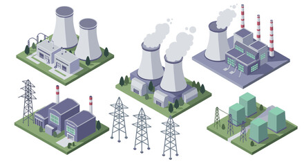 Isometric power plant designs: nuclear and industrial structures with cooling towers