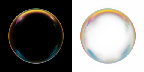 Colorful soap bubble overlay on black and white backgrounds, showcasing vibrant reflections and textures, ideal for creative design and artistic projects with copy space