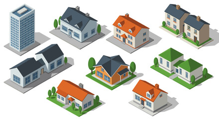 Isometric collection of residential and office buildings in various styles