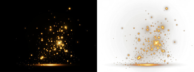 Golden sparkles and glowing particles create a magical effect on a black and white background, enhancing visual appeal for design projects and creative compositions