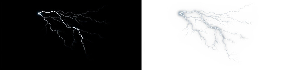 Lightning bolt png overlay on black and white backgrounds, showcasing dynamic energy and contrast, ideal for creative projects and visual storytelling applications