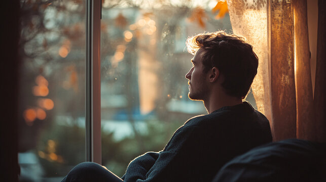 Brooding young man thoughtfully gazing out window at sunset from cozy home, reflecting on life's journey and seeking inspiration in the golden hour light