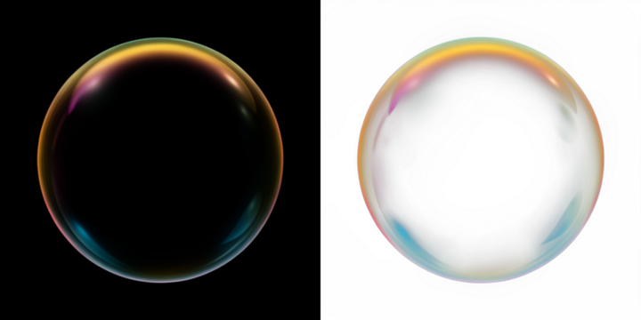 Colorful soap bubble overlay on black and white backgrounds, showcasing vibrant reflections and textures, ideal for creative design and artistic projects with copy space