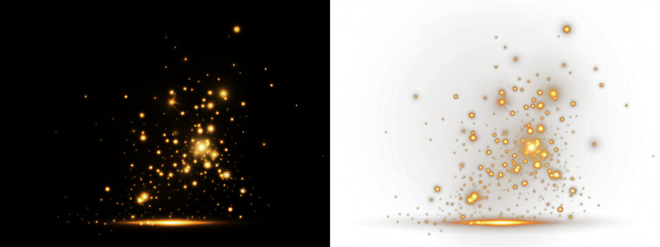 Golden sparkles and glowing particles create a magical effect on a black and white background, enhancing visual appeal for design projects and creative compositions