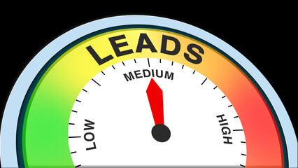 Leads medium, text, word level concept illustration with barometer or tachometer meter on black background. Suitable for balanced sales leads, steady client interest, and moderate prospect visuals
