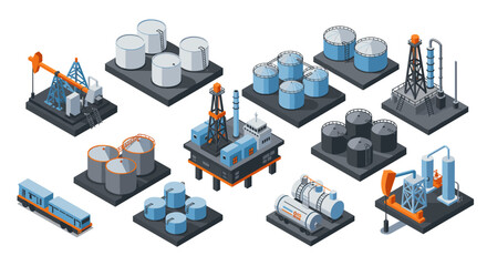 Fototapeta premium Isometric industrial oil and gas facilities set