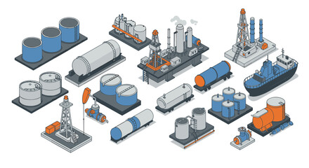 Obraz premium Isometric industrial equipment and oil refinery set for energy sector projects