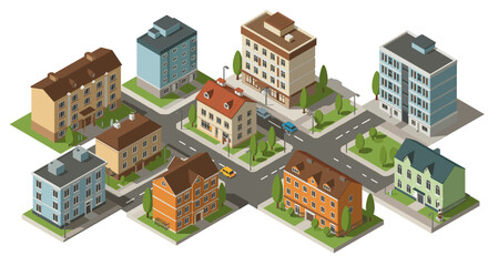 Charming isometric cityscape with colorful buildings and streets
