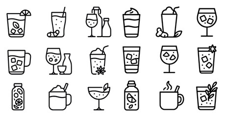 Beverage and drink outline icons set – linear, cocktail and refreshment symbols