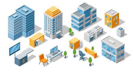 Obraz premium Modern isometric cityscape with urban buildings and furniture elements