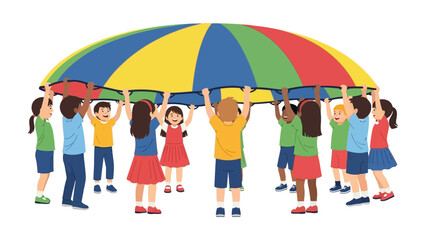 Joyful Childhood Under Rainbow Parachute: A vibrant group of children lift a colorful parachute. A playful and cheerful moment of teamwork and laughter.