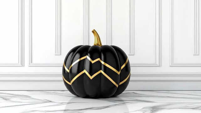 Black luxury pumpkin with gold chevron pattern on a marble floor. Modern halloween decor with copy space. Holiday design. All Hallows Eve, Samhain