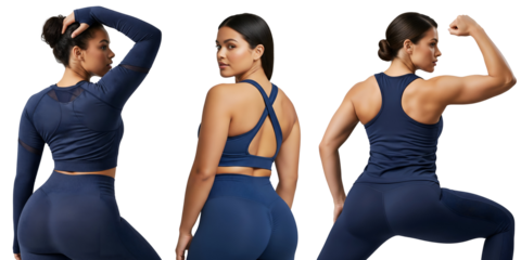 Navy seamless fitness set women, navy activewear workout poses, navy gym leggings and bra, navy sportswear, Isolated on transparent background, png