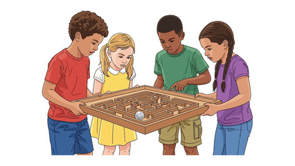 Focused Minds: A quartet of children huddles intently around a game, their attention fixed on the challenge at hand, representing collaboration, focus, and playful engagement.