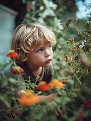 A young child s curious gaze intently observes a delicate butterfly resting on vibrant blooming flowers in a sunny garden setting