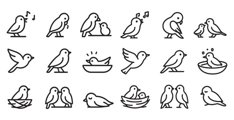 Obraz premium Bird silhouette icons set – flat, outline, avian and wildlife symbol collection
