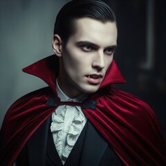 Classic Vampire Costume with Red Cape and Ruffled Shirt in Dark Gothic Portrait
