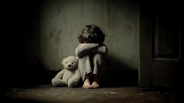 An sad child wearing pajamas sitting hugging knees in the corner of an empty room with dark light and old teddy bear	
