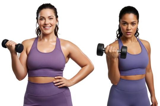 Purple fitness women with dumbbells, purple activewear strength training, purple workout sports bra set, purple sportswear, Isolated on transparent background, png - Powered by Adobe
