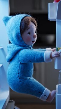 Felt Doll Reaching Into Refrigerator for Food