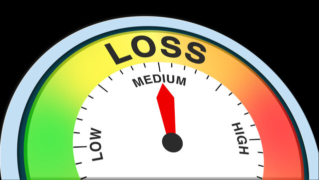 Loss medium, text, word level concept illustration with barometer or tachometer meter on black background. Suitable for moderate loss, average performance, and balanced financial result visuals