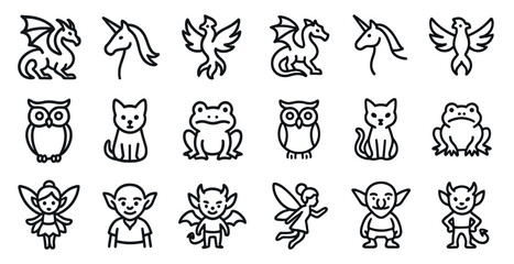 Fantasy and creature outline icons set – silhouette, mythical, magic symbols