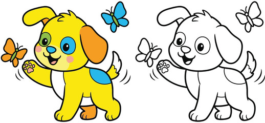 Adorable Cartoon Puppy Playing with Butterflies - Coloring Book Page