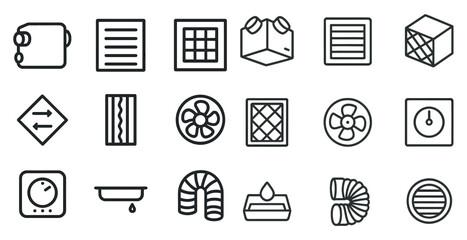 Home ventilation outline icons set – linear, hvac, air circulation symbols