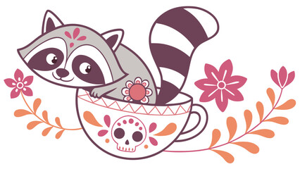 Vector illustration of a Cheerful Raccoon with in a teacup, styled in a Dia de los Muertos theme using Day of the Dead colors