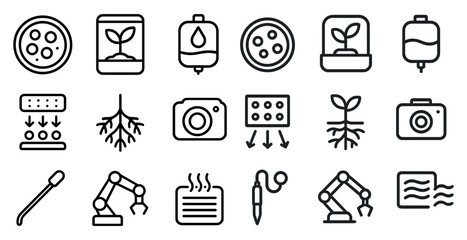 Fototapeta premium Biotechnology and science icons set – outline, linear, research and lab symbols